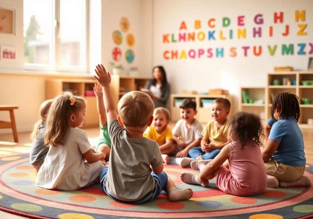 A pre-kindergarten teacher and diverse young children on a colorful circle-time rug.