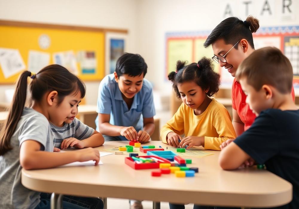 Diverse elementary students working together at a table with hands-on math manipulatives.