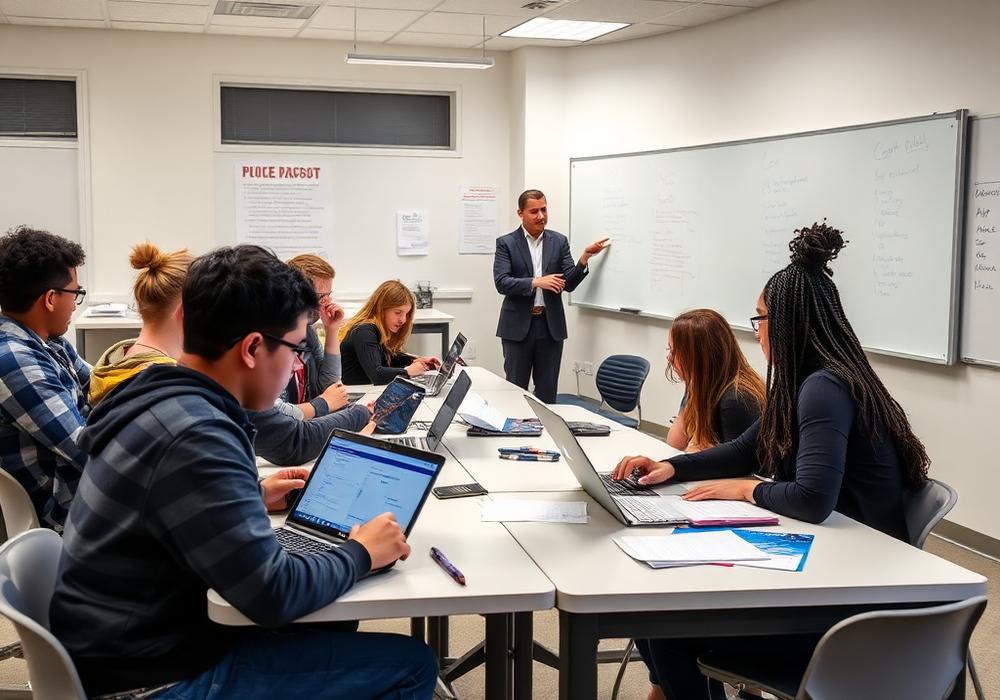 High school students on laptops in a college-prep classroom while a teacher leads discussion.