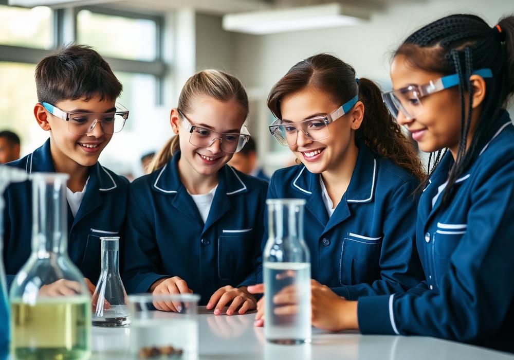 Middle school students in navy lab coats and goggles conducting a science experiment.