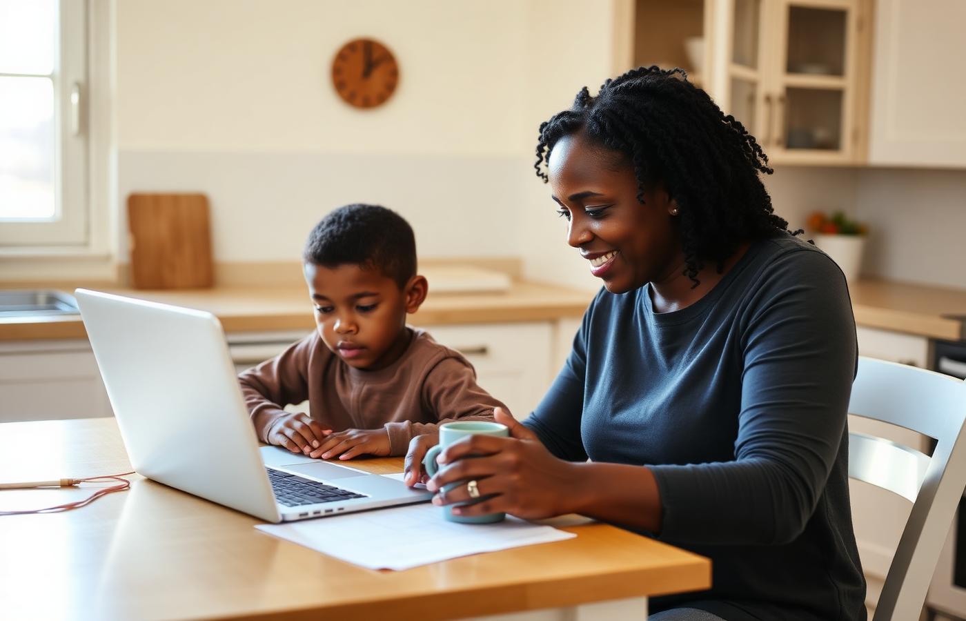A mother and her young son sit together at a kitchen table filling out a school application on a laptop.