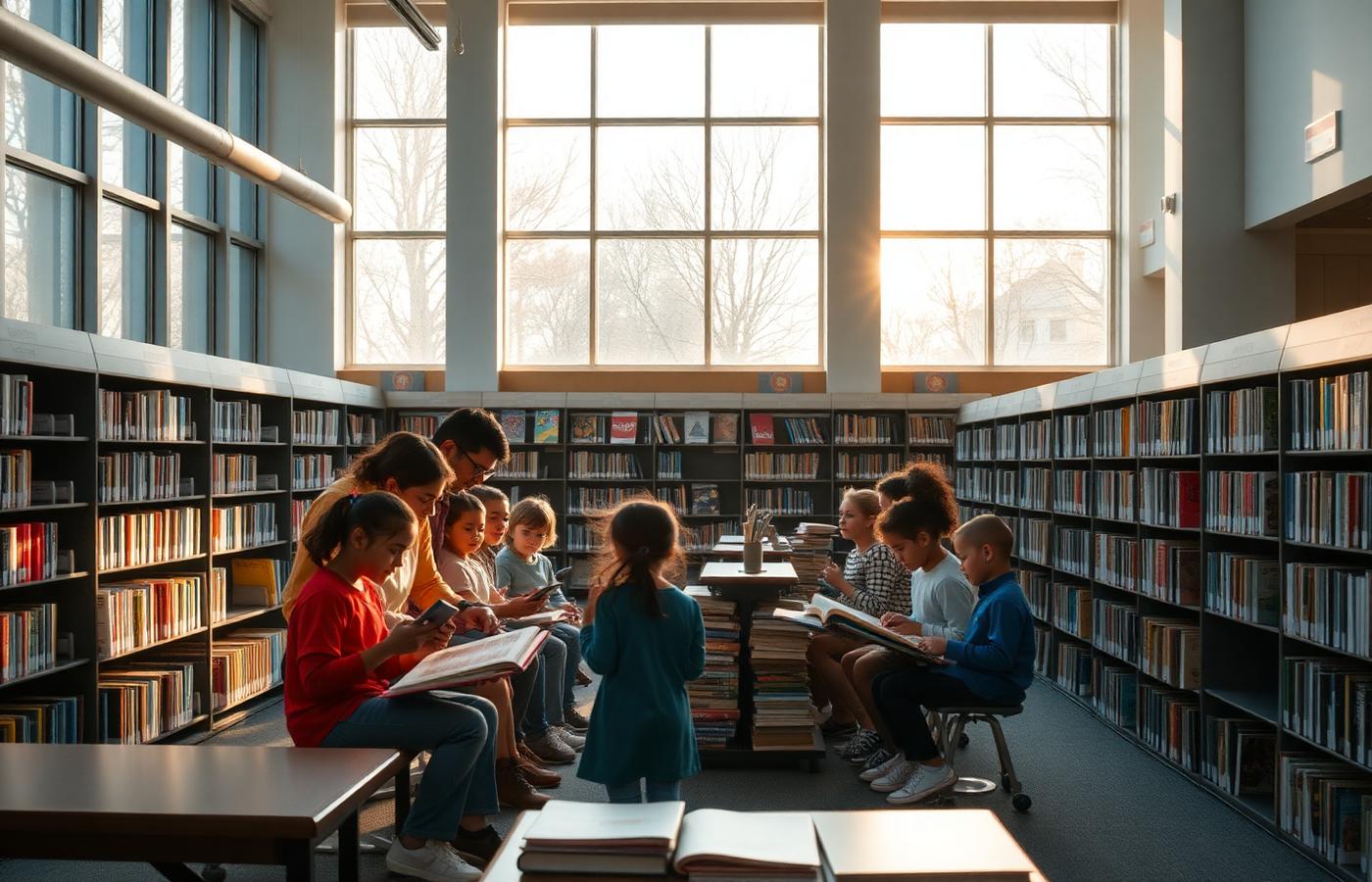 Families and children read together in a bright, sunlit school library filled with tall book displays.