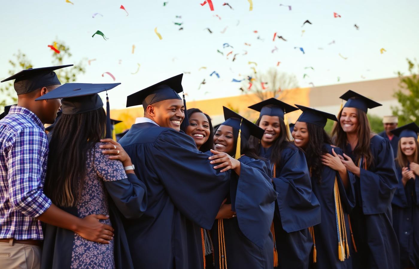 Friendship high school graduates in navy caps and gowns hug their parents outdoors on graduation day as confetti falls.