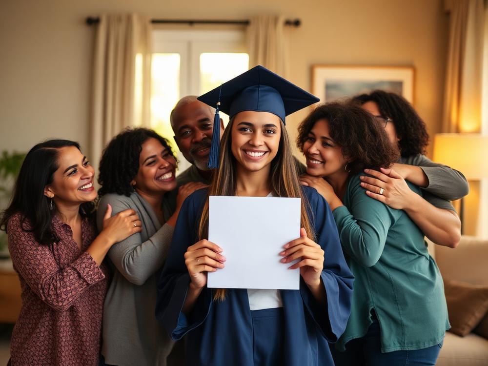 A Friendship graduate in a navy cap and gown holding a college acceptance letter surrounded by her family.