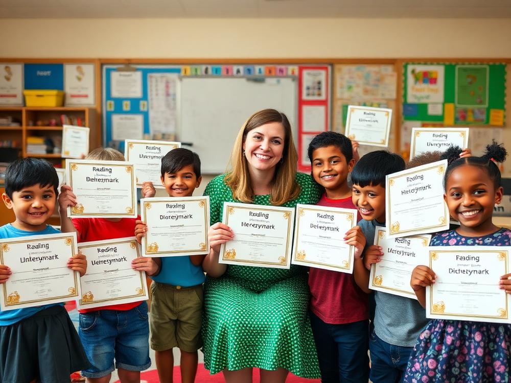 A kindergarten teacher smiles with her small class as students hold up their reading benchmark certificates.
