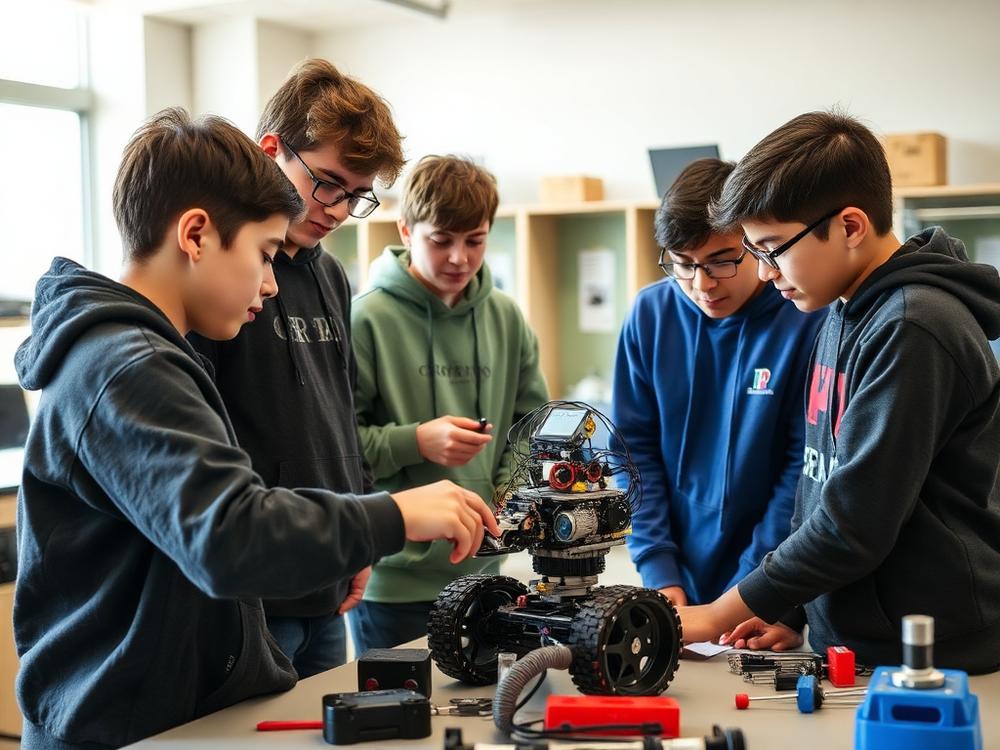 Middle school students collaborate around a robot they are building together in a school makerspace.