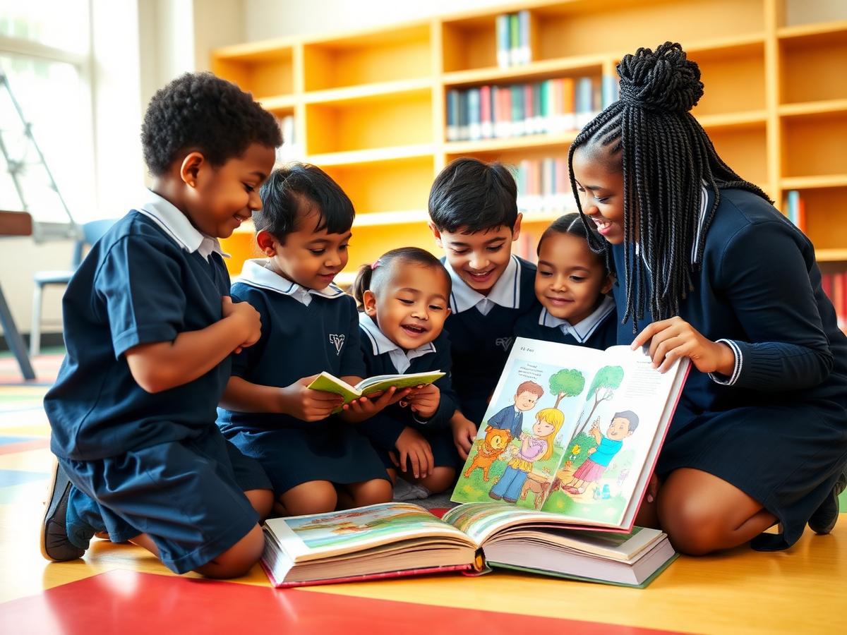 Elementary students in Friendship uniforms sharing a picture book with their teacher in the school library