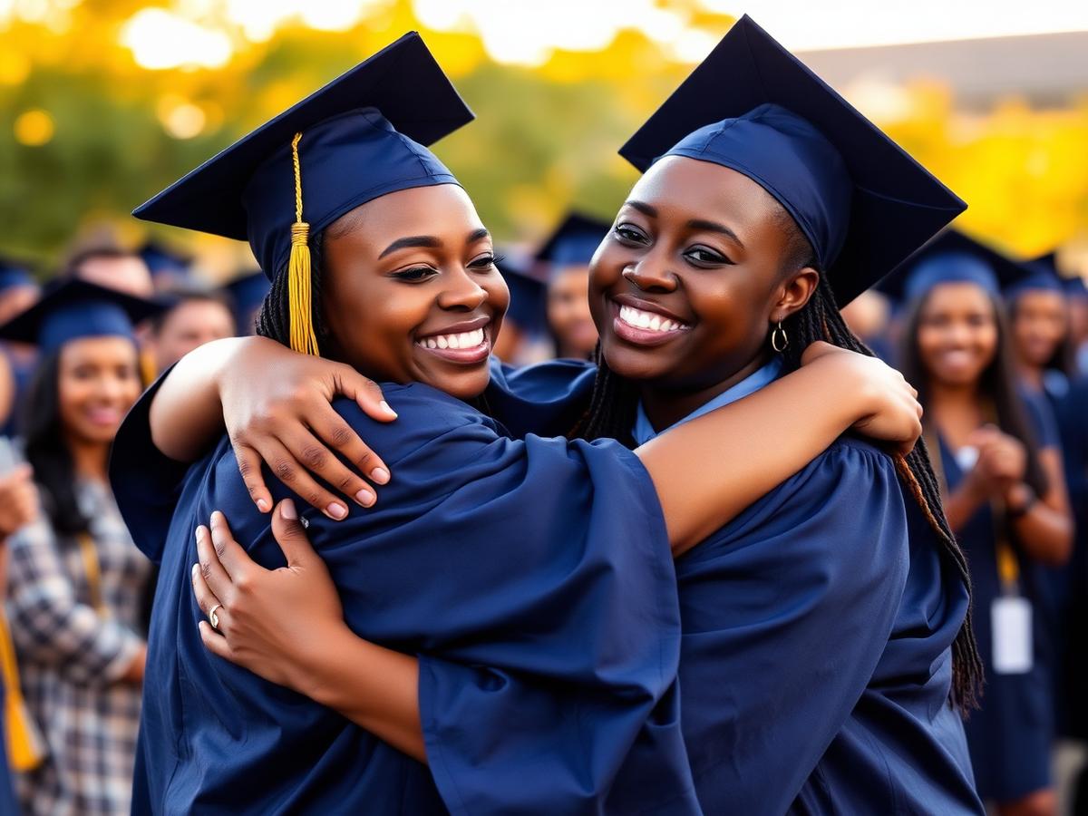 Two Friendship graduates in navy caps and gowns hugging on graduation day
