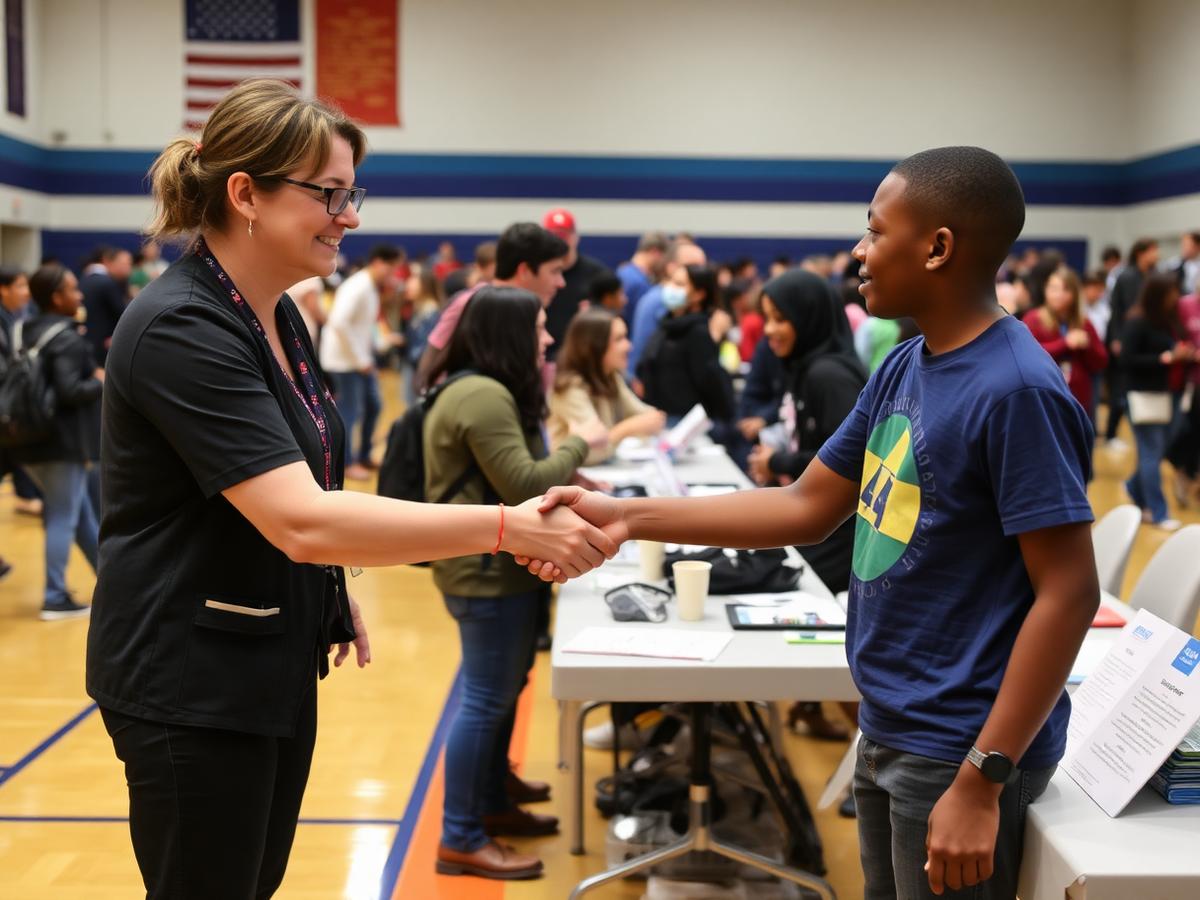 Community partner shaking hands with a Friendship middle-school student at a career day event
