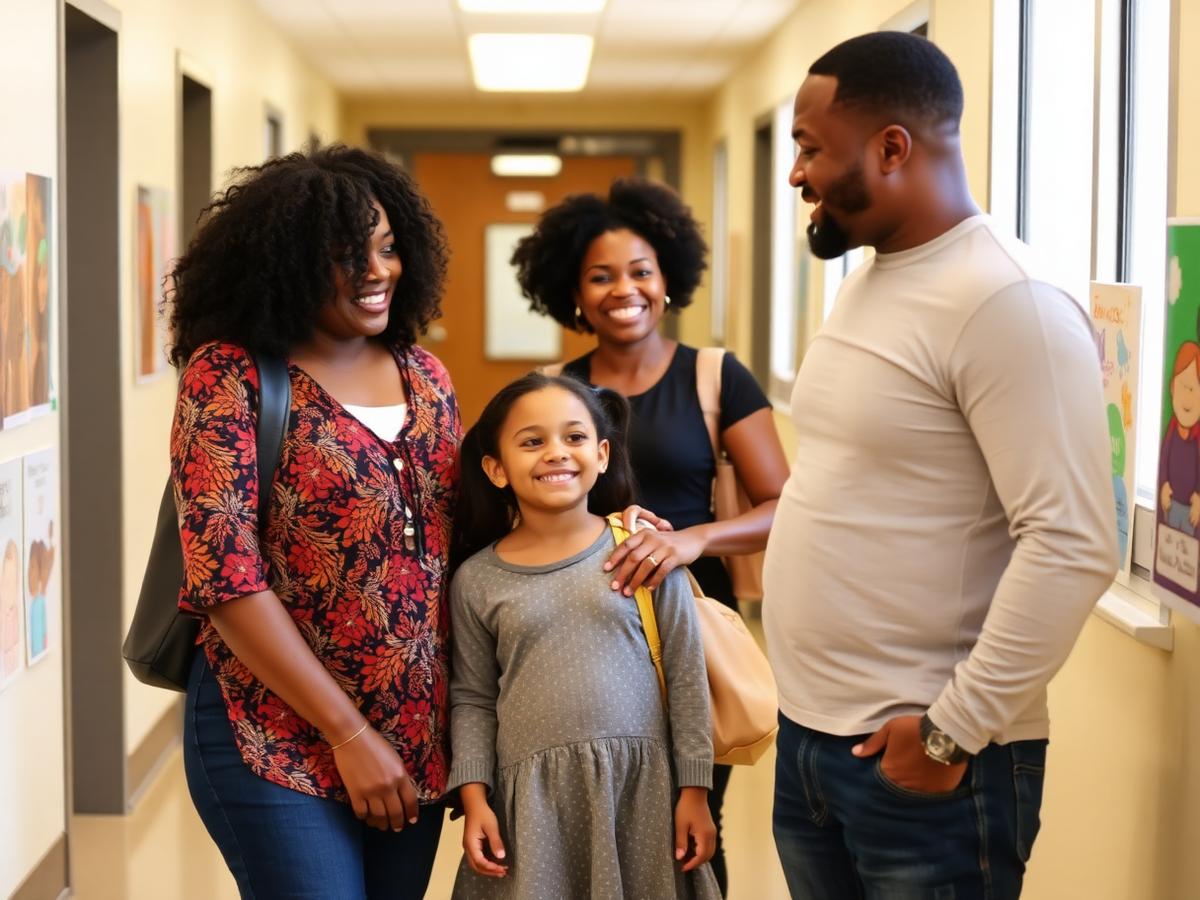 Parents and their young daughter meeting a teacher during a Friendship school tour