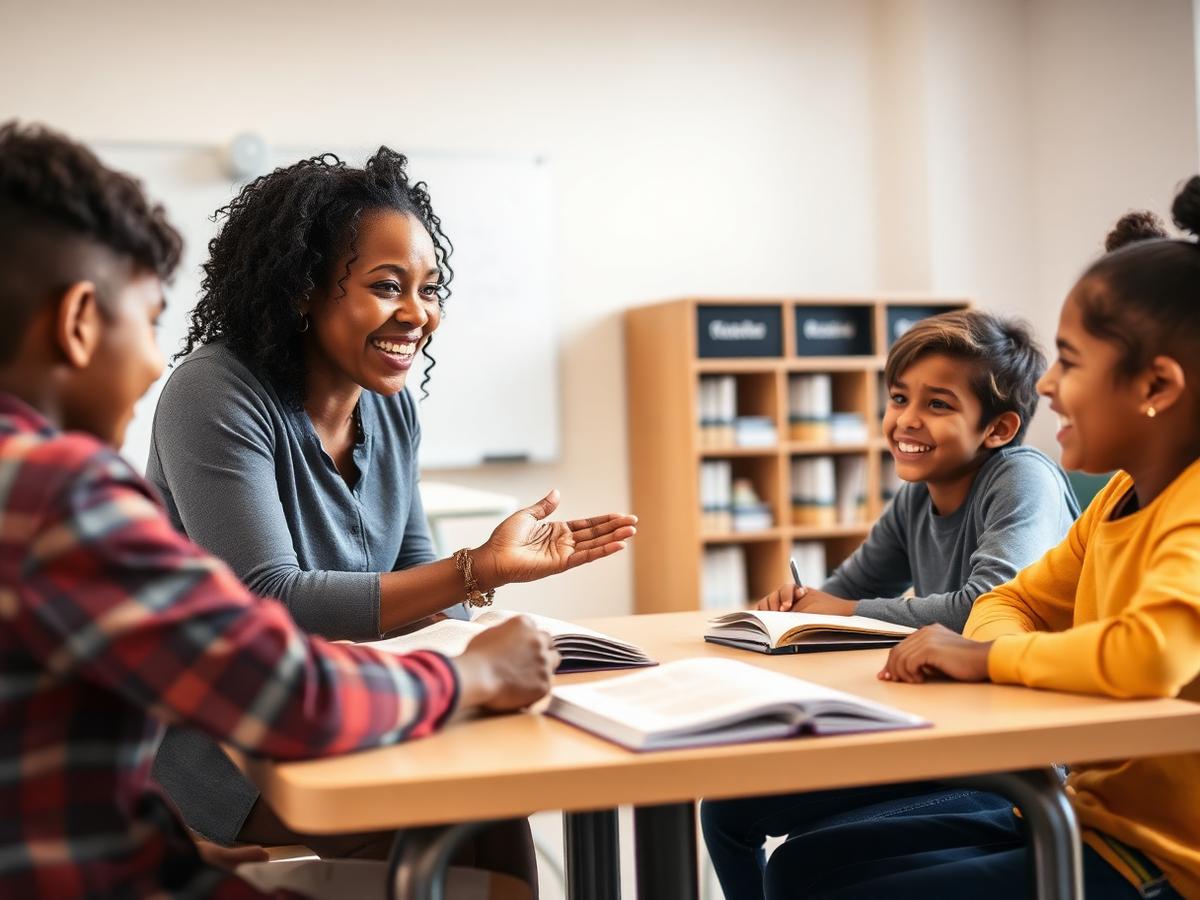 Friendship teacher leading a small-group lesson with engaged middle-school students