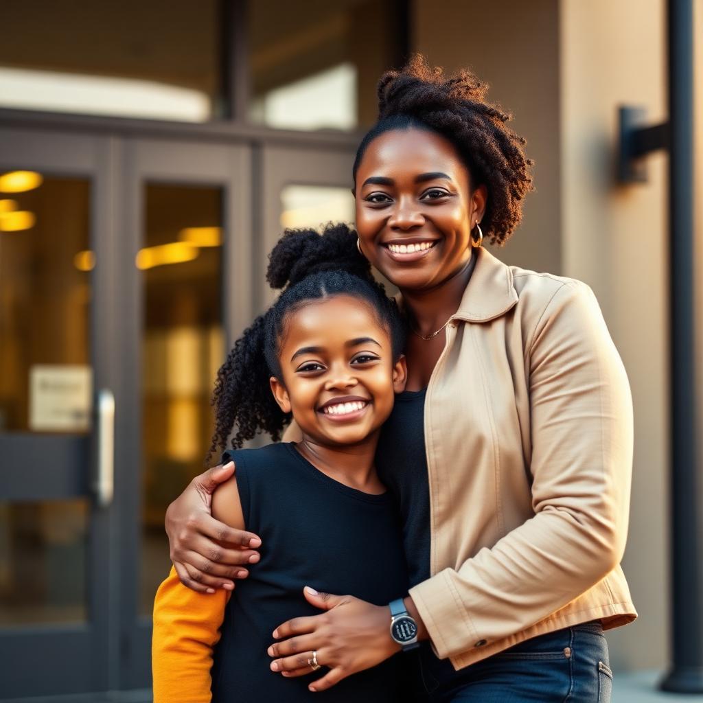 A Friendship mother hugs her middle-school daughter outside a campus entrance at golden hour.