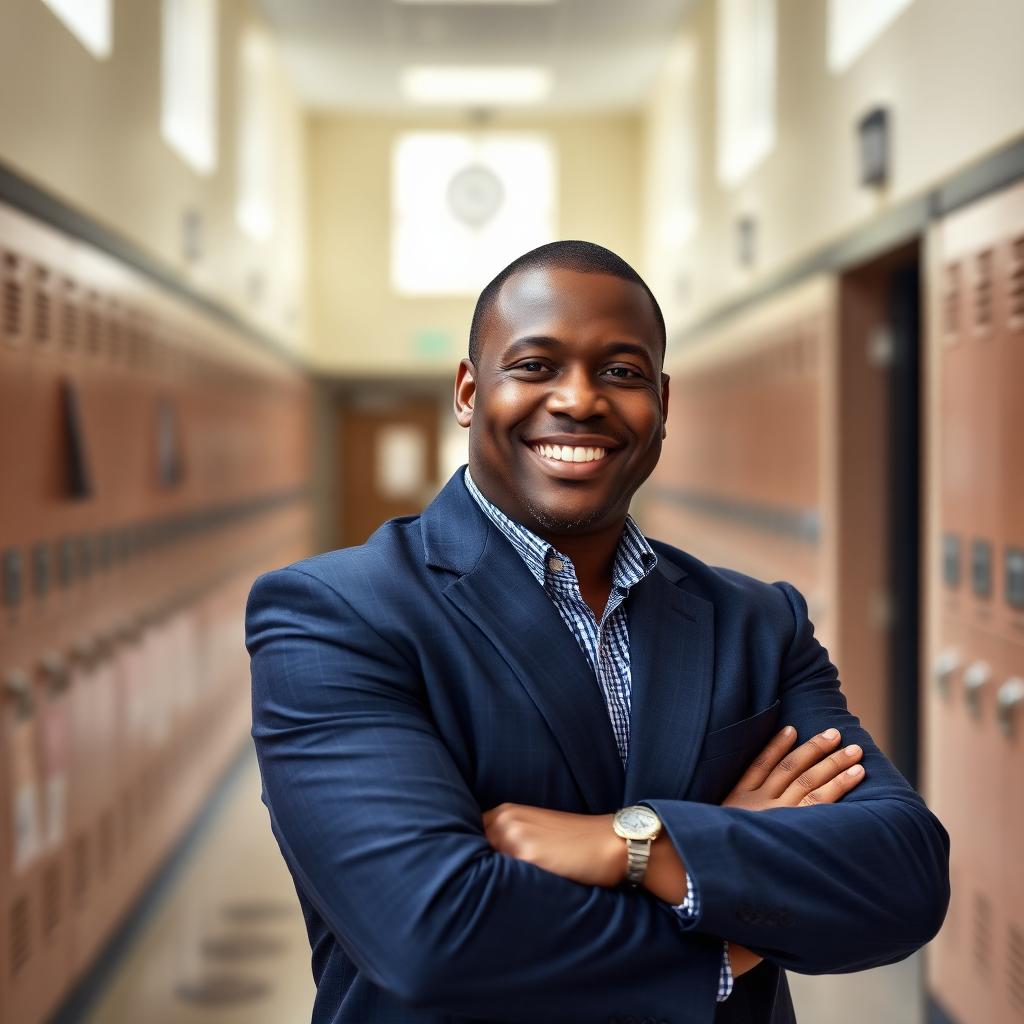 A Friendship high school principal stands with arms crossed in a bright school hallway.