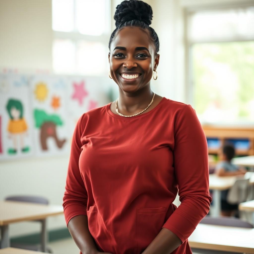 A Friendship elementary teacher smiles warmly in her sunlit classroom.